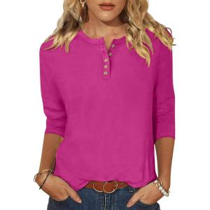 ANRABESS Womens 3/4 Sleeve Tops Henley Shirts Casual Trendy Button T Shirts 2025 Summer Basic Tunic(Hot Pink)