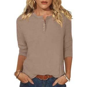 ANRABESS Womens 3/4 Sleeve Tops Henley Shirts Casual Trendy Button T Shirts 2025 Summer Basic Tunic(Khaki)