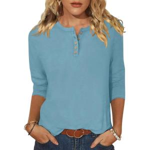 ANRABESS Womens 3/4 Sleeve Tops Henley Shirts Casual Trendy Button T Shirts 2025 Summer Basic Tunic(Lake Blue)