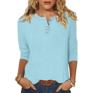 ANRABESS Womens 3/4 Sleeve Tops Henley Shirts Casual Trendy Button T Shirts 2025 Summer Basic Tunic(Light Blue)