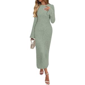 ANRABESS Womens Bodycon Maxi Dresses 2025 Fall Casual Flare Sleeve Crewneck Lounge Comfy Sexy Ribbed Knit Long Sweater Dress(Olive)