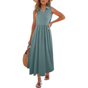 ANRABESS Womens Casual Dress Summer Sleeveless V Neck Sundress Aline Flowy Beach Maxi Dresses Travel 2025 Vacation Outfits(Green)