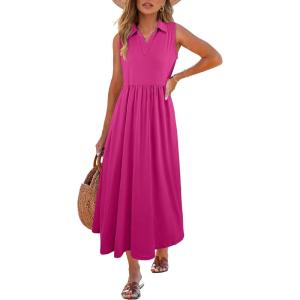 ANRABESS Womens Casual Dress Summer Sleeveless V Neck Sundress Aline Flowy Beach Maxi Dresses Travel 2025 Vacation Outfits(Hot Pink)