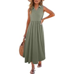 ANRABESS Womens Casual Dress Summer Sleeveless V Neck Sundress Aline Flowy Beach Maxi Dresses Travel 2025 Vacation Outfits(Olive)
