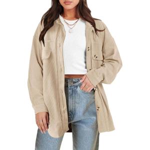ANRABESS Womens Corduroy Shacket Button Down Shirts Oversized Long Sleeve Casual Cardigan Jacket 2025 Fall Fashion Clothes(Apricot)