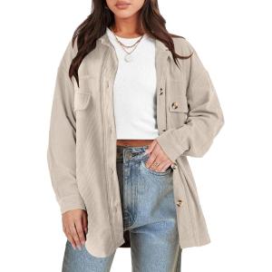 ANRABESS Womens Corduroy Shacket Button Down Shirts Oversized Long Sleeve Casual Cardigan Jacket 2025 Fall Fashion Clothes(Beige)