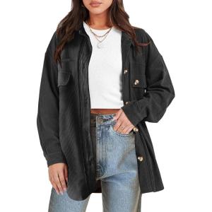 ANRABESS Womens Corduroy Shacket Button Down Shirts Oversized Long Sleeve Casual Cardigan Jacket 2025 Fall Fashion Clothes(Black)