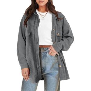 ANRABESS Womens Corduroy Shacket Button Down Shirts Oversized Long Sleeve Casual Cardigan Jacket 2025 Fall Fashion Clothes(Grey)