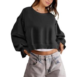 ANRABESS Womens Cropped Sweatshirts Oversized Crewneck Long Sleeve Tops 2025 Fall Winter Loose Pullover Teen Girls Clothes(Black)