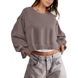 ANRABESS Womens Cropped Sweatshirts Oversized Crewneck Long Sleeve Tops 2025 Fall Winter Loose Pullover Teen Girls Clothes(Brown)