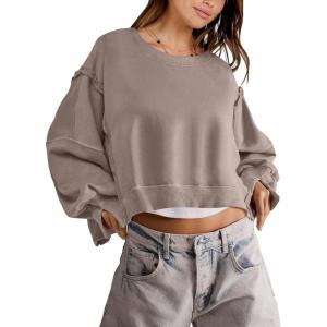 ANRABESS Womens Cropped Sweatshirts Oversized Crewneck Long Sleeve Tops 2025 Fall Winter Loose Pullover Teen Girls Clothes(Khaki)