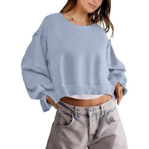 ANRABESS Womens Cropped Sweatshirts Oversized Crewneck Long Sleeve Tops 2025 Fall Winter Loose Pullover Teen Girls Clothes(Light Blue)