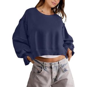 ANRABESS Womens Cropped Sweatshirts Oversized Crewneck Long Sleeve Tops 2025 Fall Winter Loose Pullover Teen Girls Clothes(Navy Blue)