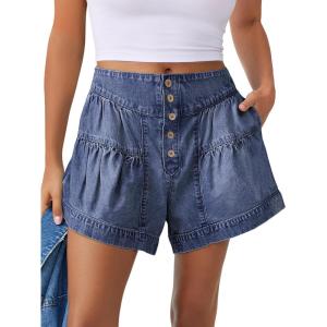 ANRABESS Women’s Denim Shorts Summer Baggy High Waisted Flowy Wide Leg Buttons Pleated Casual Jean Shorts 2025 Fashion Skorts(Blue)