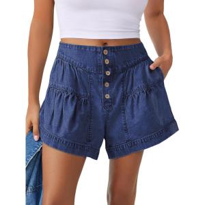 ANRABESS Women’s Denim Shorts Summer Baggy High Waisted Flowy Wide Leg Buttons Pleated Casual Jean Shorts 2025 Fashion Skorts(Dark Blue)