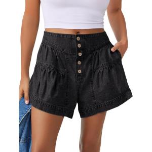 ANRABESS Women’s Denim Shorts Summer Baggy High Waisted Flowy Wide Leg Buttons Pleated Casual Jean Shorts 2025 Fashion Skorts(Washed Black)