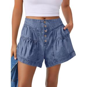 ANRABESS Women’s Denim Shorts Summer Baggy High Waisted Flowy Wide Leg Buttons Pleated Casual Jean Shorts 2025 Fashion Skorts(Washed Blue)