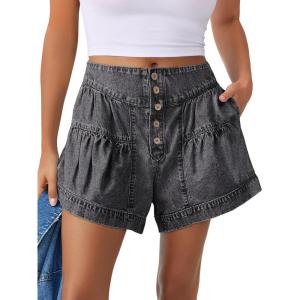 ANRABESS Women’s Denim Shorts Summer Baggy High Waisted Flowy Wide Leg Buttons Pleated Casual Jean Shorts 2025 Fashion Skorts(Washed Dark Grey)