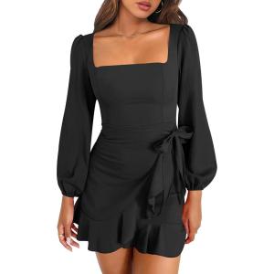 ANRABESS Womens Dress Long Sleeve Square Neck Tie Waist Ruffle Hem Short Cocktail Wedding Guest Fall Party Club Mini Dresses(Black)