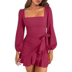 ANRABESS Womens Dress Long Sleeve Square Neck Tie Waist Ruffle Hem Short Cocktail Wedding Guest Fall Party Club Mini Dresses(Dark Red)