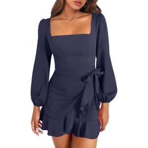 ANRABESS Womens Dress Long Sleeve Square Neck Tie Waist Ruffle Hem Short Cocktail Wedding Guest Fall Party Club Mini Dresses(Deep Navy Blue)
