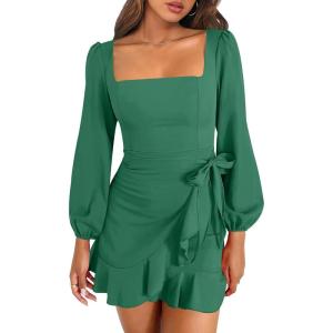 ANRABESS Womens Dress Long Sleeve Square Neck Tie Waist Ruffle Hem Short Cocktail Wedding Guest Fall Party Club Mini Dresses(Forest Green)