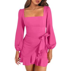 ANRABESS Womens Dress Long Sleeve Square Neck Tie Waist Ruffle Hem Short Cocktail Wedding Guest Fall Party Club Mini Dresses(Hot Pink)