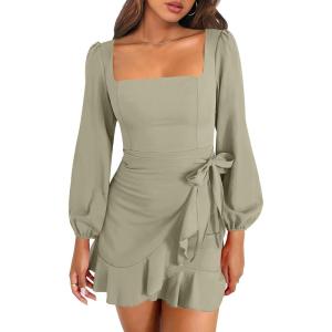 ANRABESS Womens Dress Long Sleeve Square Neck Tie Waist Ruffle Hem Short Cocktail Wedding Guest Fall Party Club Mini Dresses(Pea Green)