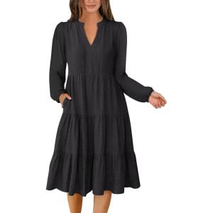 ANRABESS Womens Fall Midi Dresses Long Sleeve V Neck Swing Tiered Work Business Casual 2025 Flowy Beach Vacation Dress(Black)