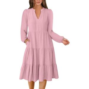 ANRABESS Womens Fall Midi Dresses Long Sleeve V Neck Swing Tiered Work Business Casual 2025 Flowy Beach Vacation Dress(Bright Pink)