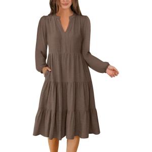 ANRABESS Womens Fall Midi Dresses Long Sleeve V Neck Swing Tiered Work Business Casual 2025 Flowy Beach Vacation Dress(Brown)