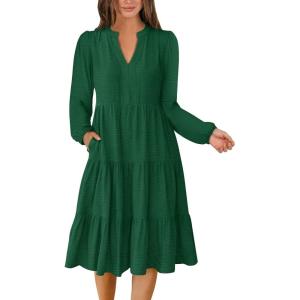 ANRABESS Womens Fall Midi Dresses Long Sleeve V Neck Swing Tiered Work Business Casual 2025 Flowy Beach Vacation Dress(Forest Green)