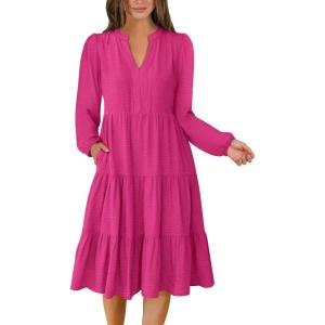 ANRABESS Womens Fall Midi Dresses Long Sleeve V Neck Swing Tiered Work Business Casual 2025 Flowy Beach Vacation Dress(Hot Pink)