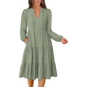 ANRABESS Womens Fall Midi Dresses Long Sleeve V Neck Swing Tiered Work Business Casual 2025 Flowy Beach Vacation Dress(Light Green)