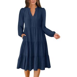 ANRABESS Womens Fall Midi Dresses Long Sleeve V Neck Swing Tiered Work Business Casual 2025 Flowy Beach Vacation Dress(Navy Blue)