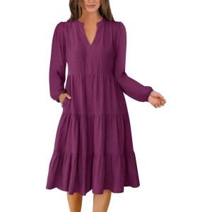 ANRABESS Womens Fall Midi Dresses Long Sleeve V Neck Swing Tiered Work Business Casual 2025 Flowy Beach Vacation Dress(Purple Red)