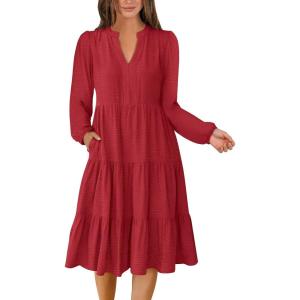 ANRABESS Womens Fall Midi Dresses Long Sleeve V Neck Swing Tiered Work Business Casual 2025 Flowy Beach Vacation Dress(Red)