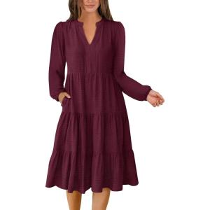 ANRABESS Womens Fall Midi Dresses Long Sleeve V Neck Swing Tiered Work Business Casual 2025 Flowy Beach Vacation Dress(Wine Red)