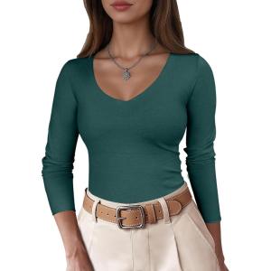 ANRABESS Womens Fitted Sweaters 2025 Fall Long Sleeve V Neck Basic Tops Lightweight Knitted Slim Dressy Casual Work Shirts(Dark Green)
