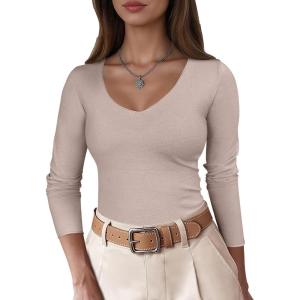 ANRABESS Womens Fitted Sweaters 2025 Fall Long Sleeve V Neck Basic Tops Lightweight Knitted Slim Dressy Casual Work Shirts(Grey Khaki)
