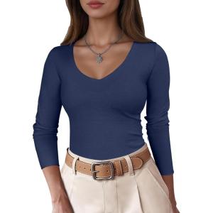 ANRABESS Womens Fitted Sweaters 2025 Fall Long Sleeve V Neck Basic Tops Lightweight Knitted Slim Dressy Casual Work Shirts(Navy Blue)
