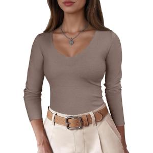 ANRABESS Womens Fitted Sweaters 2025 Fall Long Sleeve V Neck Basic Tops Lightweight Knitted Slim Dressy Casual Work Shirts(Nutmeg)