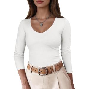 ANRABESS Womens Fitted Sweaters 2025 Fall Long Sleeve V Neck Basic Tops Lightweight Knitted Slim Dressy Casual Work Shirts(White)
