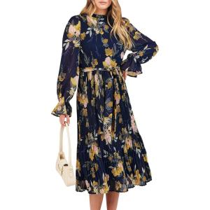 ANRABESS Women’s Floral Chiffon Midi Dress Puff Long Sleeve Mock Neck Summer Wedding Guest Party Dresses Fall 2025 Outfits(Floral Navy)