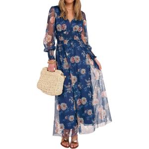 ANRABESS Women’s Floral Maxi Dress 2025 Fall V Neck Puff Long Sleeve Flowy Casual Wedding Guest Tee Party Tulle Dresses(Blue Golden Flower)