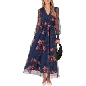 ANRABESS Women’s Floral Maxi Dress 2025 Fall V Neck Puff Long Sleeve Flowy Casual Wedding Guest Tee Party Tulle Dresses(Brown Floral Dark Blue)