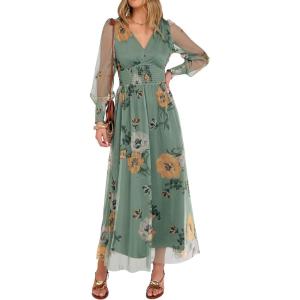 ANRABESS Women’s Floral Maxi Dress 2025 Fall V Neck Puff Long Sleeve Flowy Casual Wedding Guest Tee Party Tulle Dresses(Dusty Olive Floral)