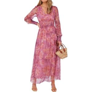 ANRABESS Women’s Floral Maxi Dress 2025 Fall V Neck Puff Long Sleeve Flowy Casual Wedding Guest Tee Party Tulle Dresses(Dusty Orchid Floral)