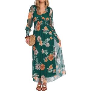 ANRABESS Women’s Floral Maxi Dress 2025 Fall V Neck Puff Long Sleeve Flowy Casual Wedding Guest Tee Party Tulle Dresses(Emerald Green Floral)