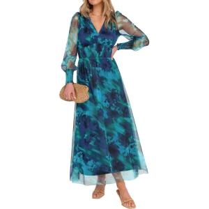 ANRABESS Women’s Floral Maxi Dress 2025 Fall V Neck Puff Long Sleeve Flowy Casual Wedding Guest Tee Party Tulle Dresses(Floral Lake Blue)